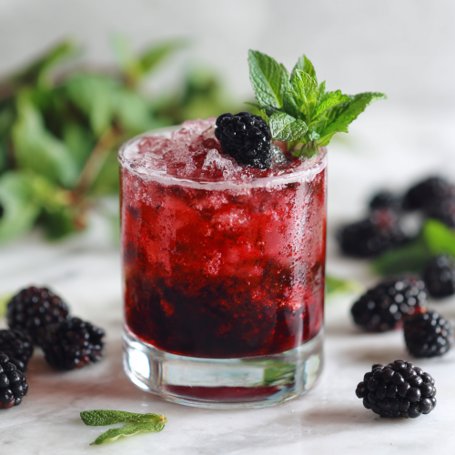 A blackberry mint julep in a rocks glass with fresh blackberries and mint sprigs