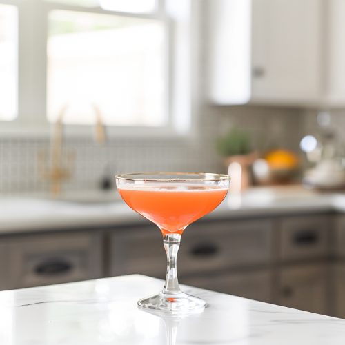 a Ward 8 cocktail made with real fruit juice, in a coupe glass on a white kitchen counter