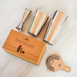 4 piece bar set with cocktail shaker, cocktail jigger, and strainer