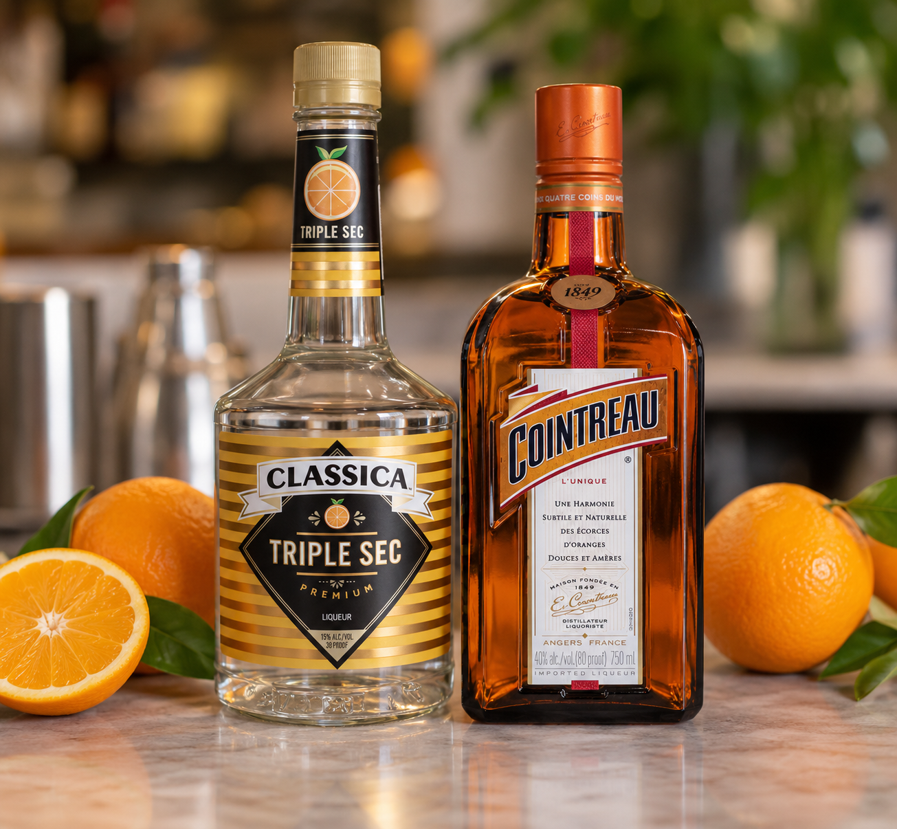 a bottle of triple sec next to a bottle of Cointreau
