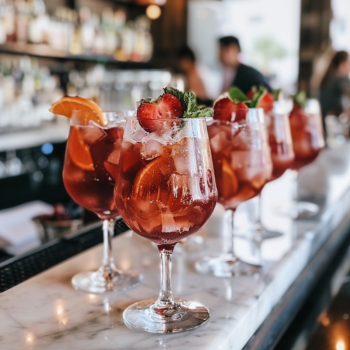 A line of wine glasses of Sangria with fruit garnishes, on a white marble, well-lit bar
