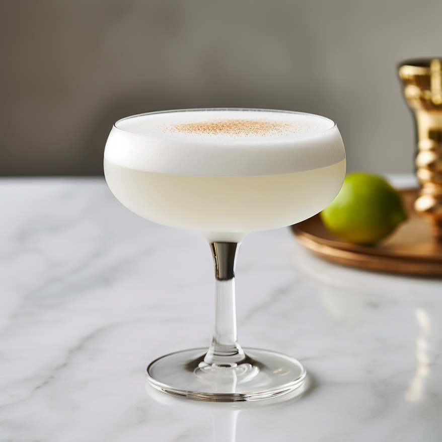 The Peruvian drink Pisco Sour with 2 ounces Pisco, 1 ounce simple syrup, and 1 ounce lime juice in a coupe glass