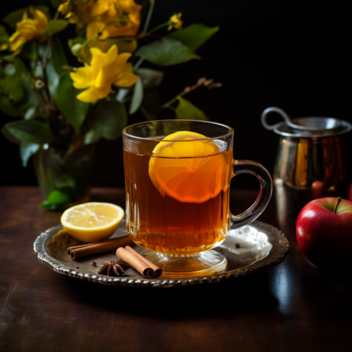 a warm drink of hot toddy with 2 ounces of bourbon bourbon, apple orchard cider, lemon peel, and a cinnamon stick