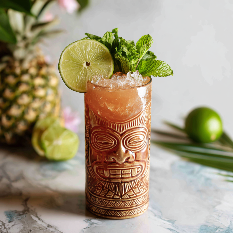 A Zombie tiki drink in a tiki mug with sprig of mint and lime wheel