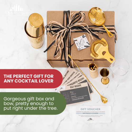 Complete cocktail set with shaker, mixing glass, spoon, jigger, and more cocktail accessories