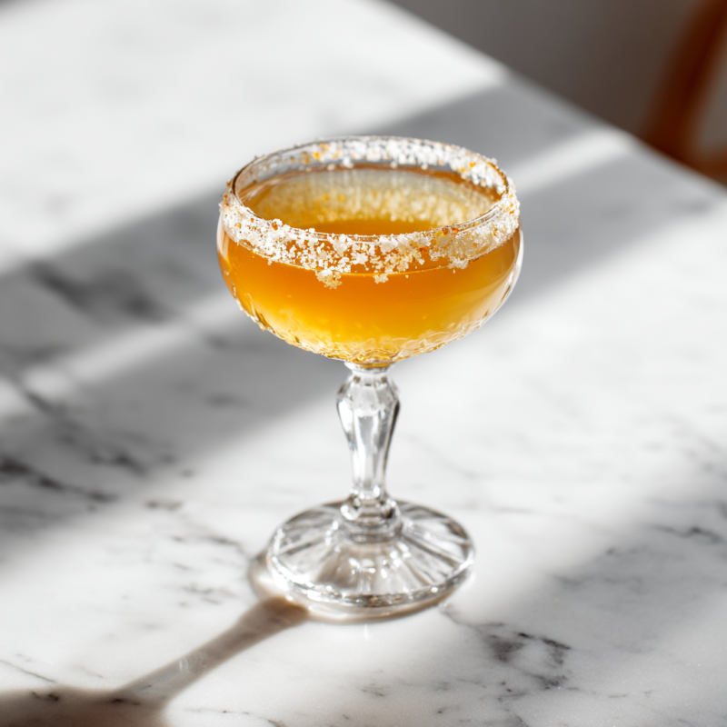 A Sidecar drink in a chilled coupe glass with sugar rim garnish