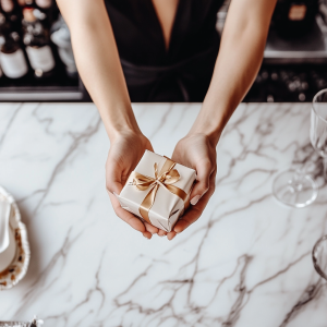 hands holding a wrapped gift box in front of a wine bar