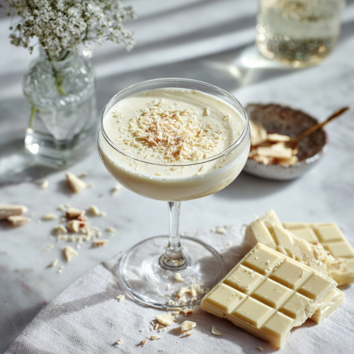 White Chocolate Martini in a coupe surrounded by flowers and white chocolate bars