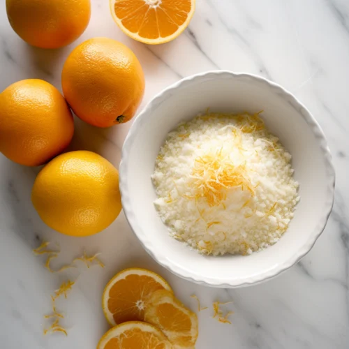 top-down view of orange zest on top of baking flour in a white bowl, made by a classic zester grater, surrounded by oranges and orange slices