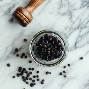 Top-down view of a mason jar with a juniper berries wtih a muddler nearby