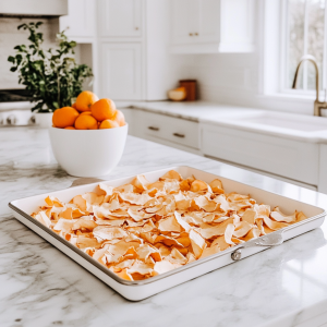 orange peels dried on a cookie sheet on a kitchen counter