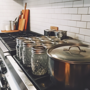 Mason jars being sterilized on a hot stove