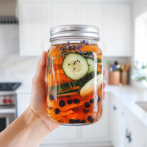 hand holding a Mason jar of gin ingredients