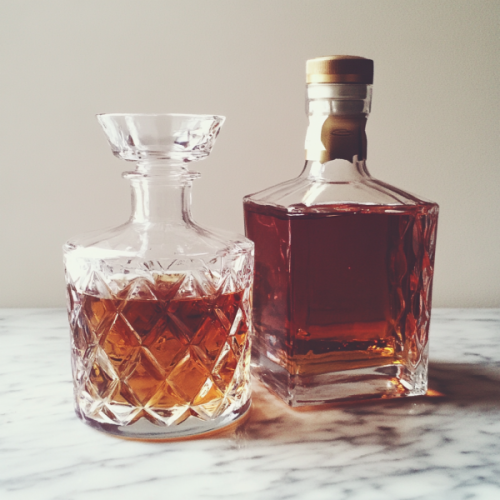 decorative glass bottle of whiskey next to a bottle of cognac