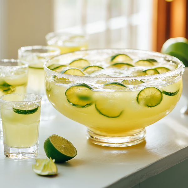 punch bowl of Margaritas with Margaritas in glasses around it, next to a lime wedge