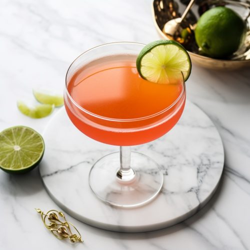 an orange-red complex cocktail in a coupe glass, made with a base of mezcal (an agave spirit) & Aperol