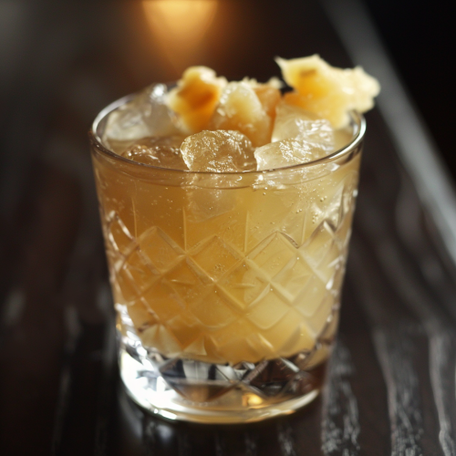Cocktail in a rocks glass with candied ginger for garnish