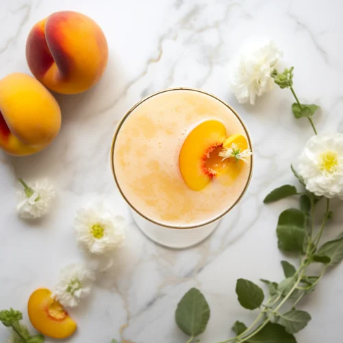 simple cocktail in a glass with peach slices and flowers around it