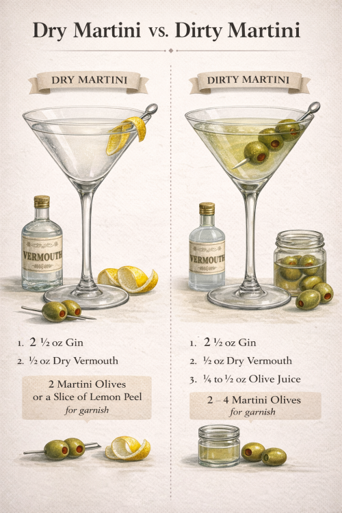 Detailed infographic that shows a Dirty Martini next to a Dry Martini with each recipe and garnish underneath to highlight the differences.