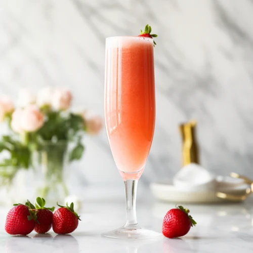 Brunch drink: Strawberry bellini rossini with strawberries around it, in a wine flute