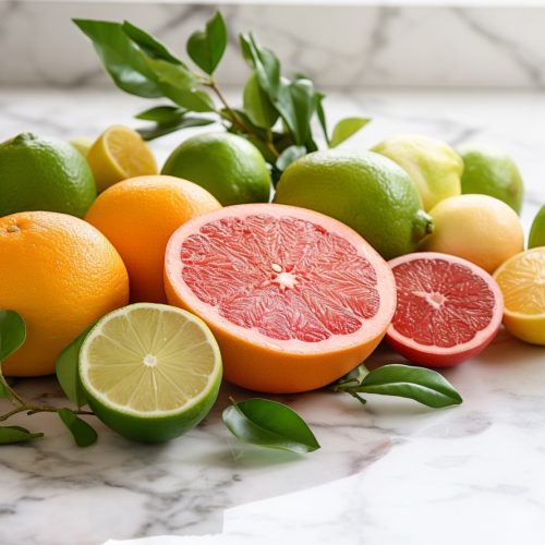 limes and grapefruit wheels cut up on a white marble counter with leaves