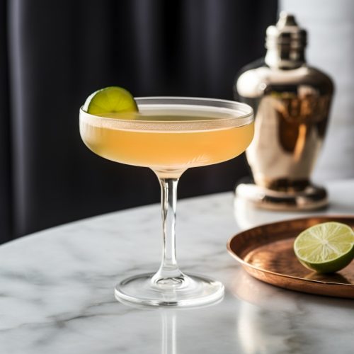Pegu club drink in a coupe glass with lime garnish, as detailed in the book "ABC of Cocktails"