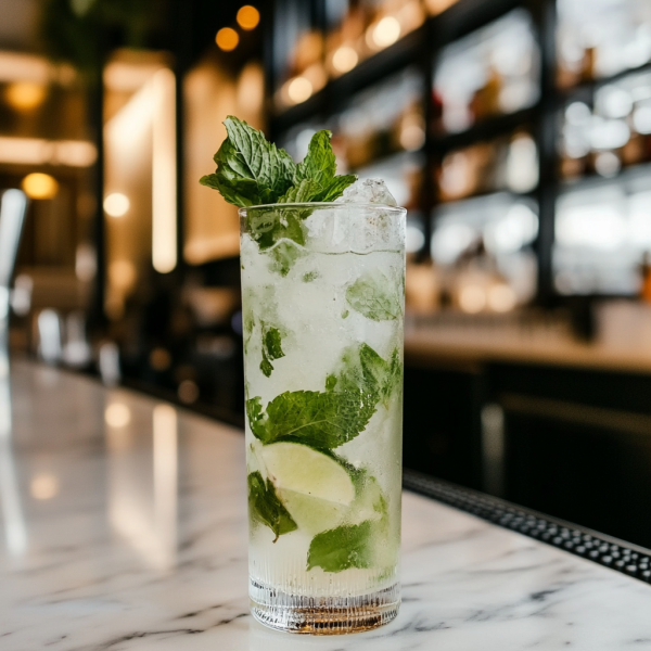Mint Mojito on a bar with a wedge of lime