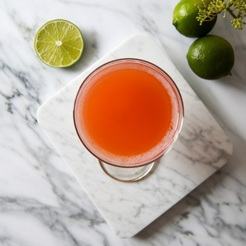 Naked and Famous, a modern classic drink with an orange-red hue, from top down on a marble counter