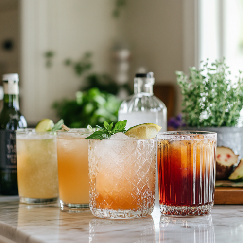 alcohol-free drinks in rocks glasses on a bar counter