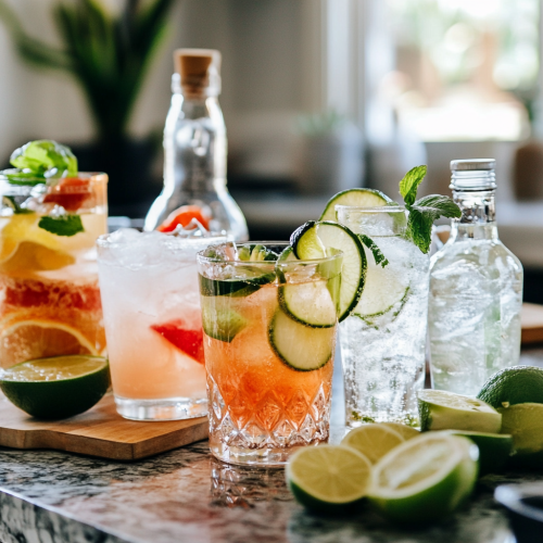 alternative beverage options like juices and soda waters on a kitchen counter