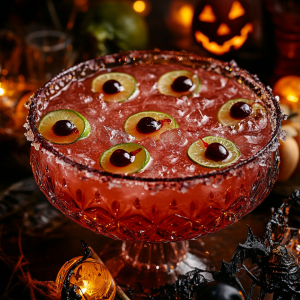 a complex drink in a punch bowl surrounded by plastic spiders and pumpkins