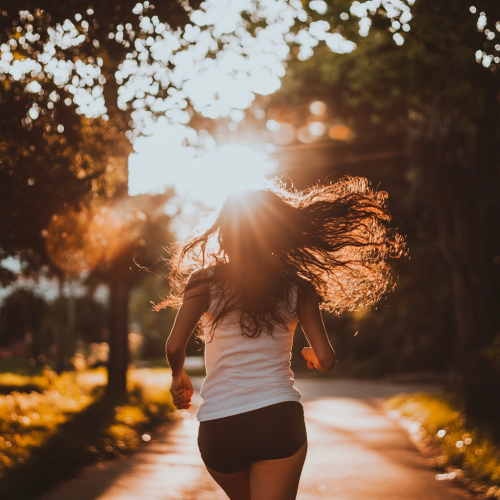 the back view of a woman jogging on a tree-lined street with sun rays around her