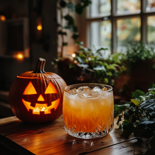 cocktail on a table surrounded by plants and a jack-o-latern