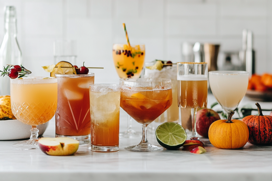 nonalcoholic drinks on a kitchen counter, made with juices, club soda, and alcohol-free spirits
