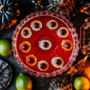 a big-batch drink of cold punch for Halloween party time, with lime wheels and cherries