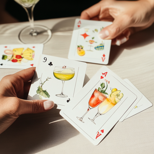 hands holding playing cards with vintage cocktail illustrations