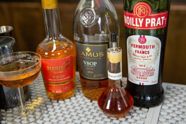 Corpse Reviver 1 ingredients: bottles of alcohol to make the drink