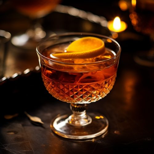 brandy cocktail with absinthe mists, in a fancy coupe glass with an orange twist