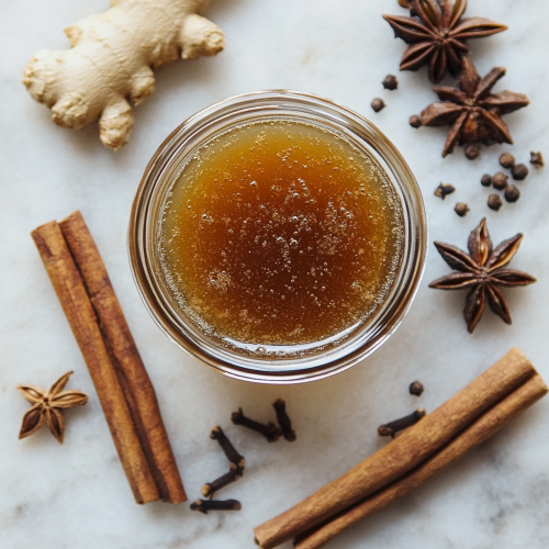 demerara sugar syrup for a pumpkin season martini, next to ginger, anise, and cinnamon
