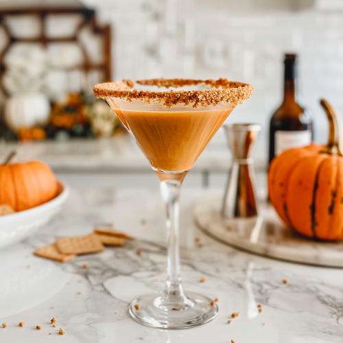 pumpkin pie martini with 2 ounces vodka and a cracker rim, in a prepared glass on a counter with pumpkins for a Halloween holiday gathering