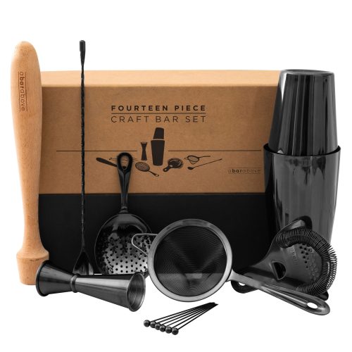 black colored bartender kit with a strainer with stainless steel coil and double-sided jigger