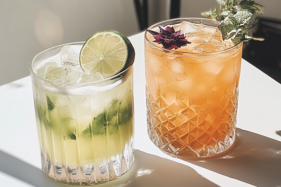 a mojito mocktail with a lime wheel and fresh mint leaves next to non-alcholic citrus drink