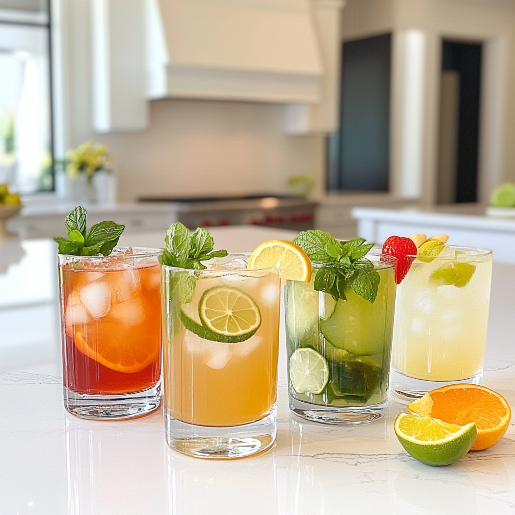 4 non-alcoholic cocktails with fruit and citrus slices, on a kitchen counter