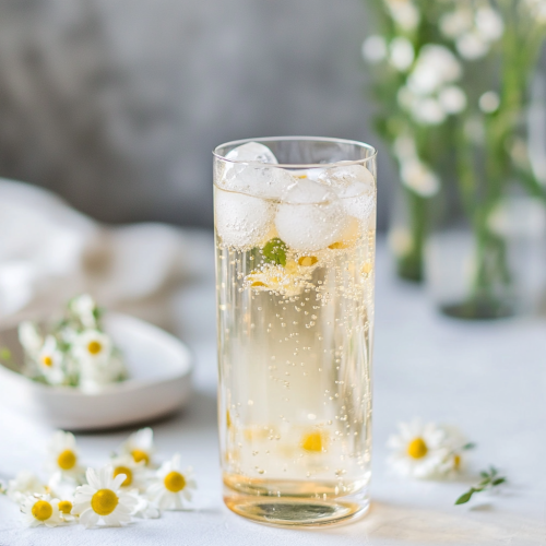 Chamomile Tonic in a tall glass, with tonic water and real flowers