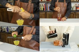 4 photos of a collection of bar essentials: channel knife, zester, cocktail shaker black stainless steel, bar jigger, & mixing glass
