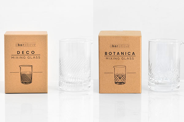 2 mixing glasses with their gift boxes
