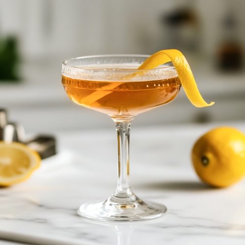 Bijou cocktail with lemon twist and dash orange bitters, in a coupe cocktail glass on a kitchen counter with lemons around it