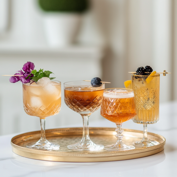 delicious cocktails made with club soda and tonic water for lower alcohol cocktail recipes, on a gold tray sitting on a white counter