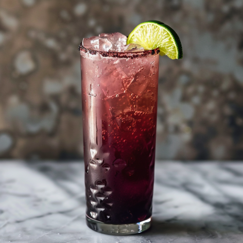 dark purple-red cocktail i highball glass with slice of lime