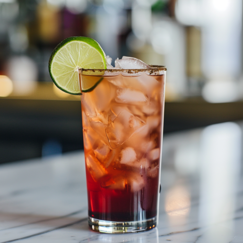 black currant liqueur cocktail in a tall glass with lime wheel